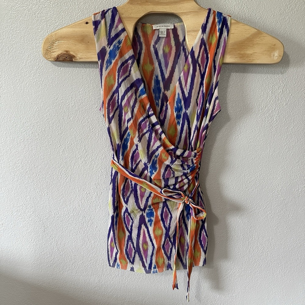 Boston Proper Multicolor Retro Sheer Tank Top Women's Medium Sleeveless Vneck‎